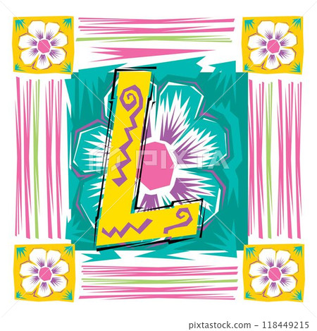 A decorative letter L in a Fiesta style with green, pink lines, and yellow accents A decorative letter L in a Fiesta style with green, pink lines, and yellow accents 118449215