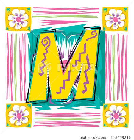 A decorative letter M in a Fiesta style with green, pink lines, and yellow accents A decorative letter M in a Fiesta style with green, pink lines, and yellow accents 118449216