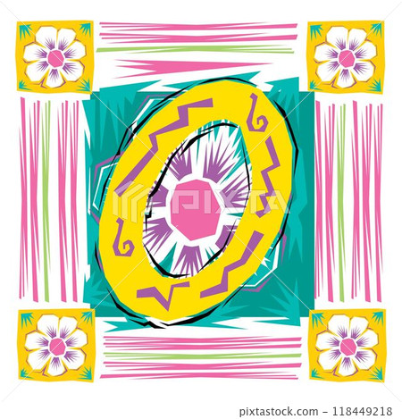 A decorative letter O in a Fiesta style with green, pink lines, and yellow accents A decorative letter O in a Fiesta style with green, pink lines, and yellow accents 118449218
