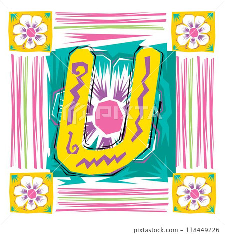 A decorative letter U in a Fiesta style with green, pink lines, and yellow accents 118449226