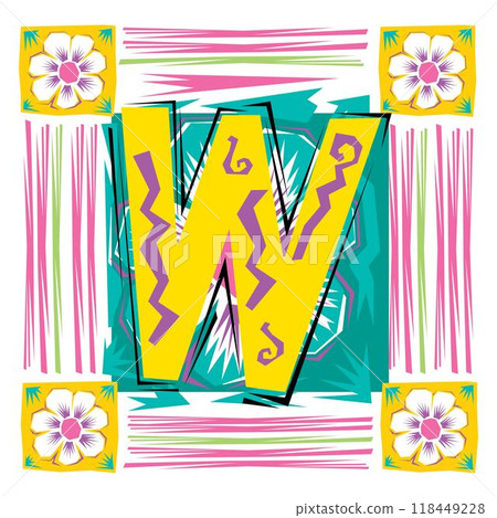 A decorative letter W in a Fiesta style with green, pink lines, and yellow accents A decorative letter W in a Fiesta style with green, pink lines, and yellow accents 118449228