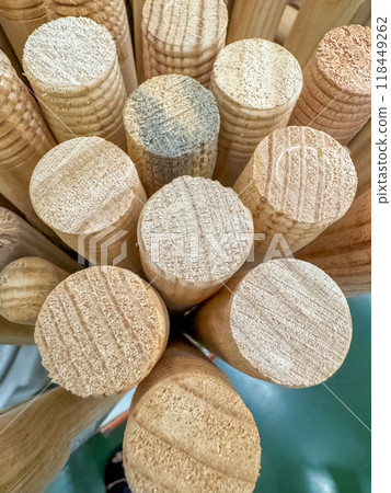 Various sized wooden dowel rods for sale at a local hobby store . High quality photo 118449262