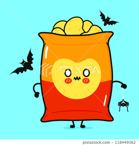 Terrible Chips character. Vector hand drawn cartoon kawaii character illustration icon. Isolated on blue background. Zombie Chips. Halloween concept Terrible Chips character. Vector hand drawn cartoon kawaii character illustration icon. Isolated on blue background. Zombie Chips. Halloween concept 118449362