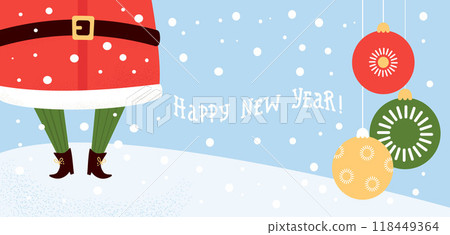 Happy New Year poster. Funny legs Santa Claus in boots in snow with Christmas balls on snowy blue background. Vector illustration. Xmas holiday horizontal banner. Happy New Year poster. Funny legs Santa Claus in boots in snow with Christmas balls on snowy blue background. Vector illustration. Xmas holiday horizontal banner. 118449364