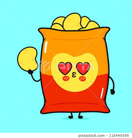 Chips in love character. Vector hand drawn cartoon kawaii character illustration icon. Isolated on blue background. Chips character concept Chips in love character. Vector hand drawn cartoon kawaii character illustration icon. Isolated on blue background. Chips character concept 118449390