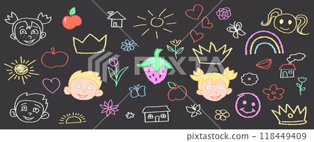 Kids like chalk drawing. School children drawing on chalkboard concept. Stock vector illustration in hand drawn style. 118449409