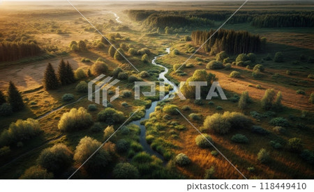 river flowing through a lush green field, aerial view  118449410