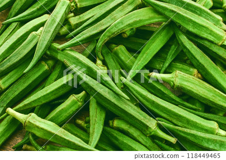 Fresh Okra Pods on wooden background Fresh Okra Pods on wooden background 118449465