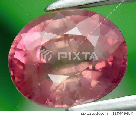 Exquisite Pink Sapphire Gemstone Gleaming in Pristine Clarity Against a Vibrant Green Backdrop 118449497