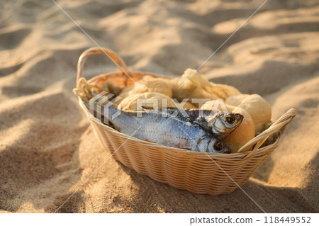 Christianity, religion, Bible concept. Five loaves of bread and two fish 118449552