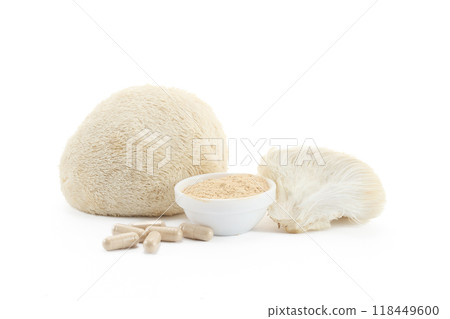 Lion's Mane Mushroom Supplement on white background 118449600