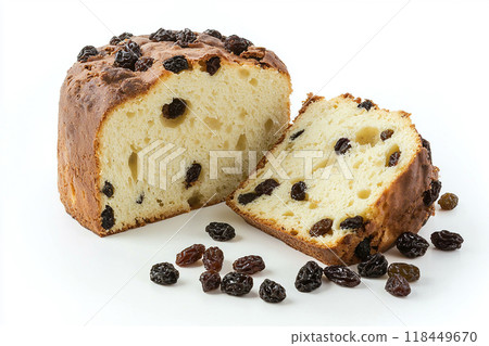 Raisin Bread. Delicious loaf of raisin bread with one thick slice cut 118449670