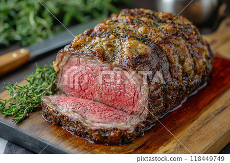 Juicy Roast Beef on Wooden Board Juicy Roast Beef on Wooden Board 118449749