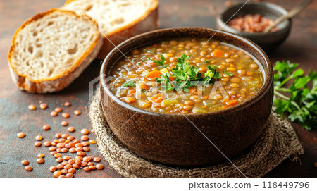 A warm bowl of lentil soup garnished with fresh parsley 118449796