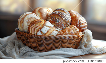 Fresh Bread Basket. A basket filled with various types of fresh bread 118449800