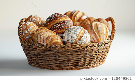 Fresh Artisan Bread Basket. A basket filled with various types of fresh bread 118449801