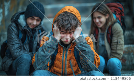 Overwhelmed Youth. A distressed young person holding their head while peers look on in concern 118449806