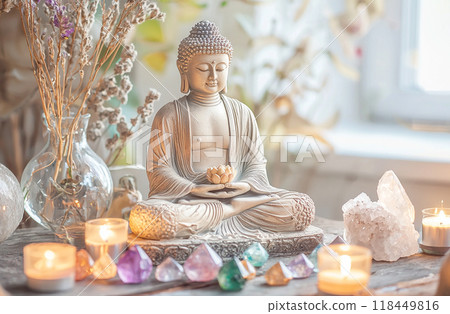 Buddha Statue with Crystals and Candles 118449816