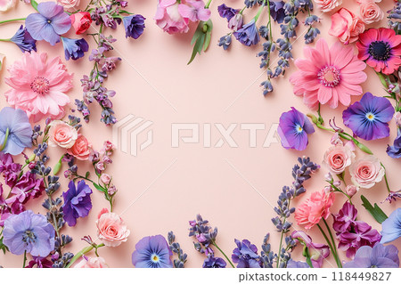 Floral Border. A minimalistic floral composition featuring pink and purple blossoms 118449827