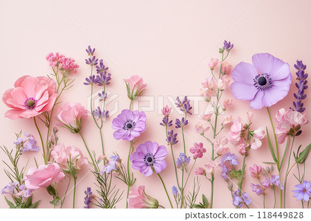 Pastel Floral Arrangement. A minimalistic floral composition featuring pink and purple blossoms 118449828