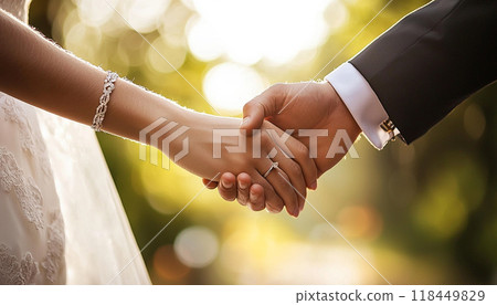 Romantic Wedding Moment. Close-up of a bride and groom holding hands 118449829