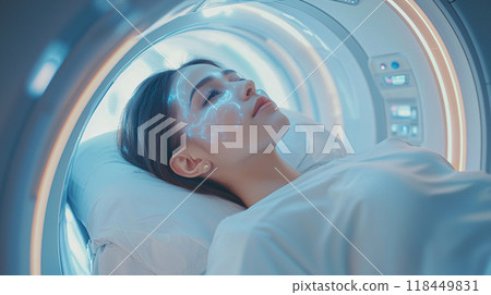 Futuristic MRI Scan. A person undergoing a high-tech MRI scan Futuristic MRI Scan. A person undergoing a high-tech MRI scan 118449831