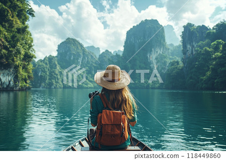 Peaceful Boat Ride. A person with a backpack and hat enjoys a tranquil boat ride Peaceful Boat Ride. A person with a backpack and hat enjoys a tranquil boat ride 118449860