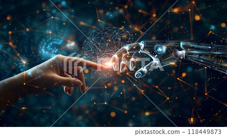 Human-Robot Connection. A robotic hand and a human hand reaching towards an illuminated brain. 118449873