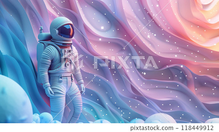 Cosmic Explorer. Astronaut standing among surreal waves of colorful, swirling energy in space. 118449912