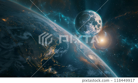 Cosmic Vision. A captivating view of Earth and its moon illuminated by the sun amidst a star-filled galaxy. 118449917