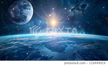 Cosmic Brilliance. A stunning view of Earth from space with a radiant sun, the moon, and countless stars 118449919