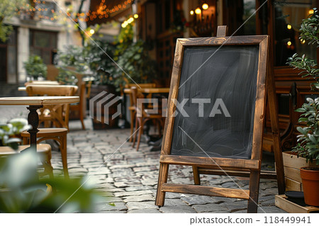 Outdoor Signboard. Empty chalkboard sign surrounded by potted plants at a quaint outdoor 118449941