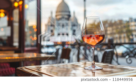 Parisian Wine Moment. A glass of red wine on a table with a blurred view of a historic building 118449956