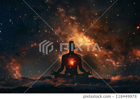 Cosmic Meditation. A silhouette meditating in a cosmic and fiery universe, surrounded by stars and clouds. Cosmic Meditation. A silhouette meditating in a cosmic and fiery universe, surrounded by stars and clouds. 118449978
