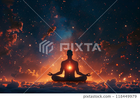 Cosmic Meditation. A silhouette meditates within a cosmic scene Cosmic Meditation. A silhouette meditates within a cosmic scene 118449979