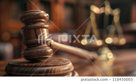 Judicial Concept. Close-up of a judge's gavel with blurred scales of justice 118450003