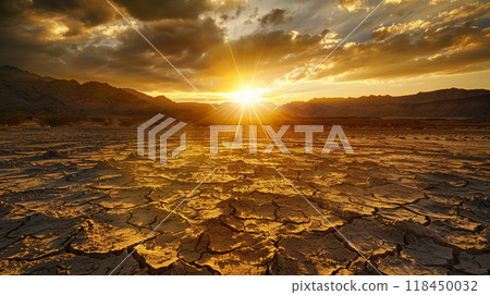 Desert Sunset. A stunning sunset over cracked desert terrain, with dramatic clouds and mountains in the background. 118450032