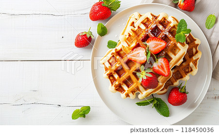 Strawberry Waffles. A delicious serving of waffles topped with fresh strawberries and mint leaves Strawberry Waffles. A delicious serving of waffles topped with fresh strawberries and mint leaves 118450036