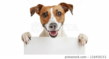 Happy Dog Holding Sign 118450151