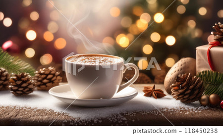 Cup of hot coffee on Christmas background. Concept of holiday and happy New Year atmosphere 118450238