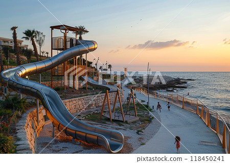 Coastal Playground at Sunset. A scenic seaside playground with a slide and swings during a golden sunset. 118450241