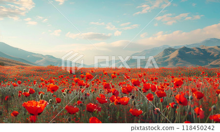 Vibrant Poppy Field with Mountain Backdrop 118450242