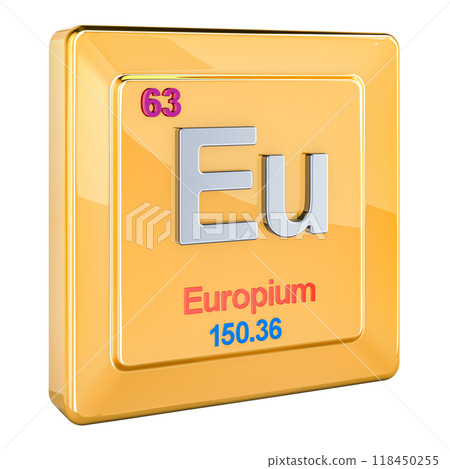 Europium Eu, chemical element sign with number 63 in periodic table. 3D rendering 118450255