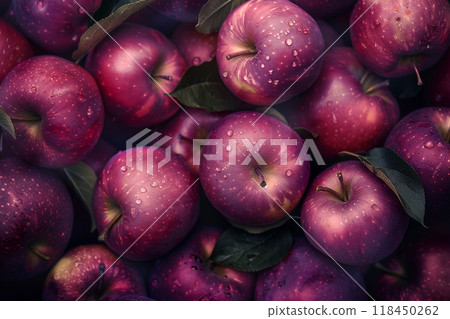 Fresh Dewy Apples. A close-up of ripe, dew-kissed red apples with green leaves. 118450262