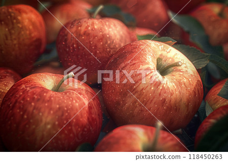 Fresh Apples Close-up. Close-up of fresh, ripe red apples with leaves, dew drops visible 118450263