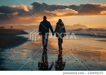 Romantic Couple Walking on Beach at Sunset Romantic Couple Walking on Beach at Sunset 118450271