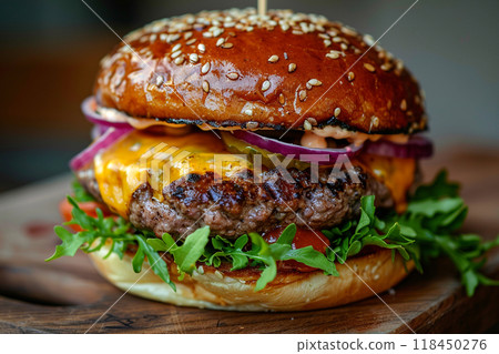 Juicy Gourmet Cheeseburger Close-Up 118450276
