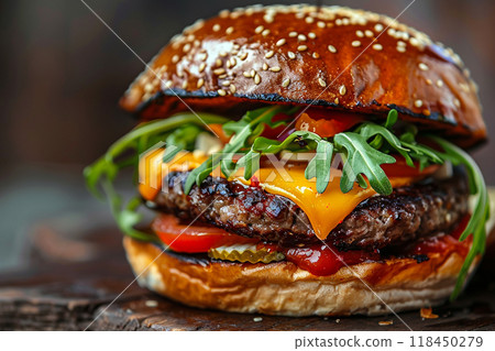 Juicy Gourmet Cheeseburger Close-Up 118450279