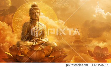 Serene Buddha Statue on Lotus in Golden Hues Serene Buddha Statue on Lotus in Golden Hues 118450283