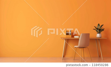 Minimalist Home Office Setup. A clean desk with chair against an orange wall, embodying a minimalist style. 118450286